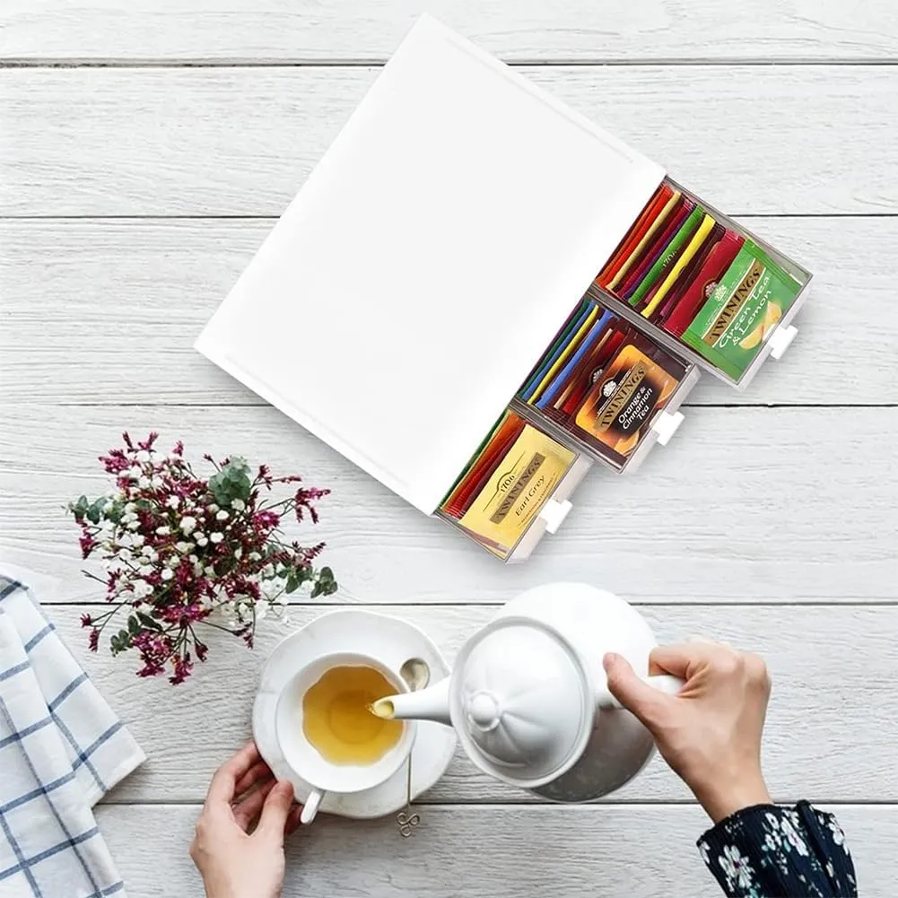Plastic Tea Bag Organizer with 3 Drawers, Desk Drawer Organizer, Stackable Storage Drawers, White Tea Box, Makeup Organizer, Clear Tea Bag Storage, Coffee Storage for Tea Bags, Sugar Packets, Cosmetic