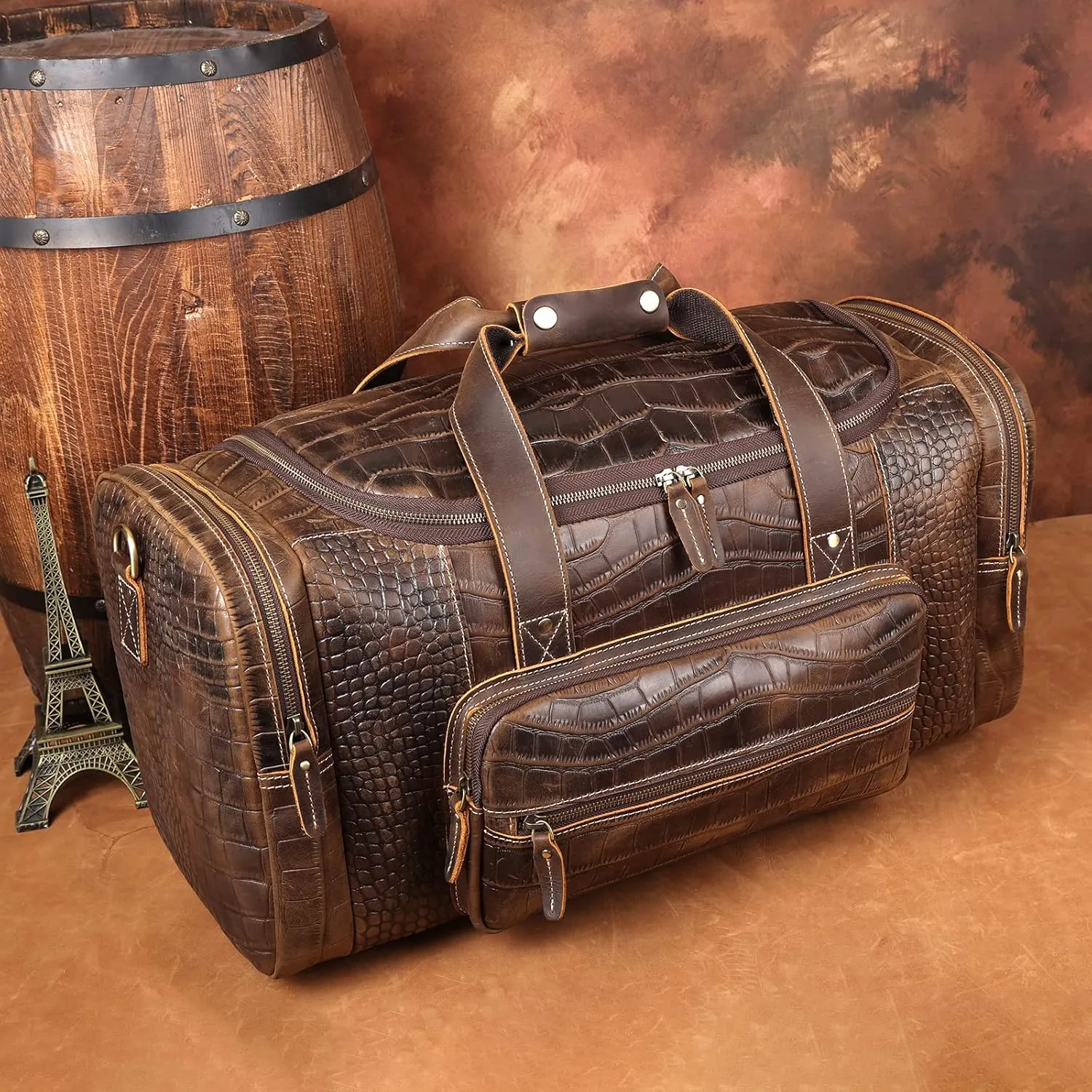 Polare 23" Crocodile Pattern Cowhide Leather Gym Duffle Weekender Overnight Travel Duffel Bag For Men 42L
