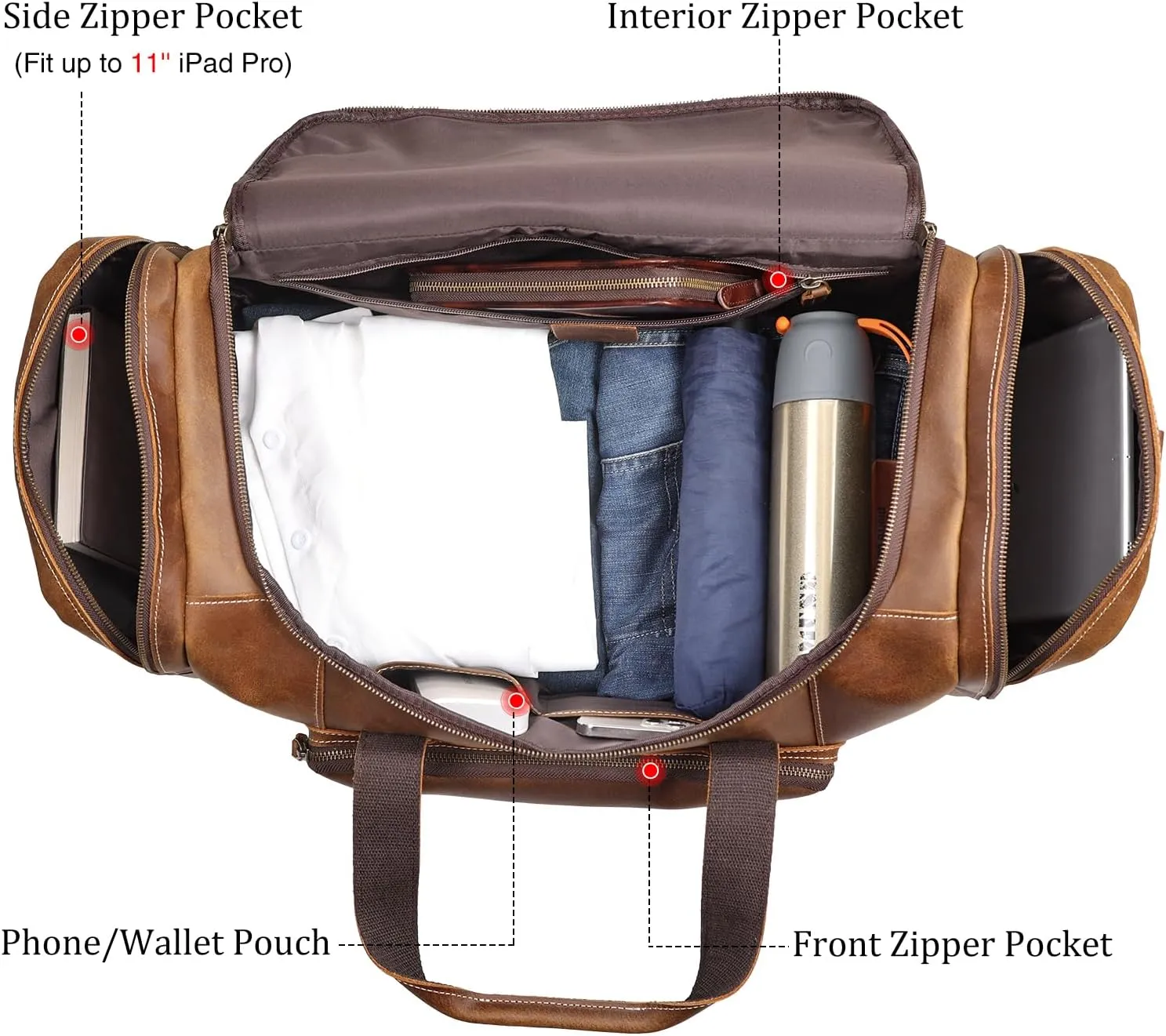 Polare 23" Full Grain Cowhide Leather Gym Duffle Weekender Overnight Travel Duffel Bag For Men 42L