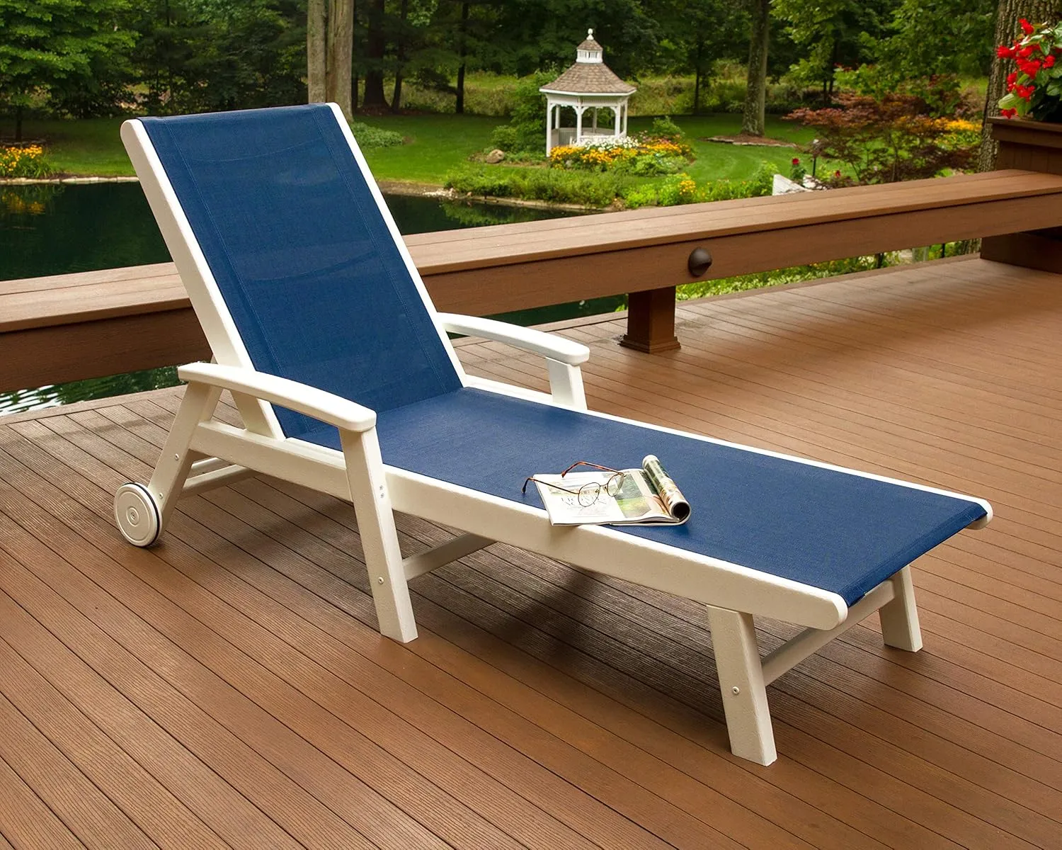 Polywood® Coastal Chaise, Sand/Navy Blue Sling