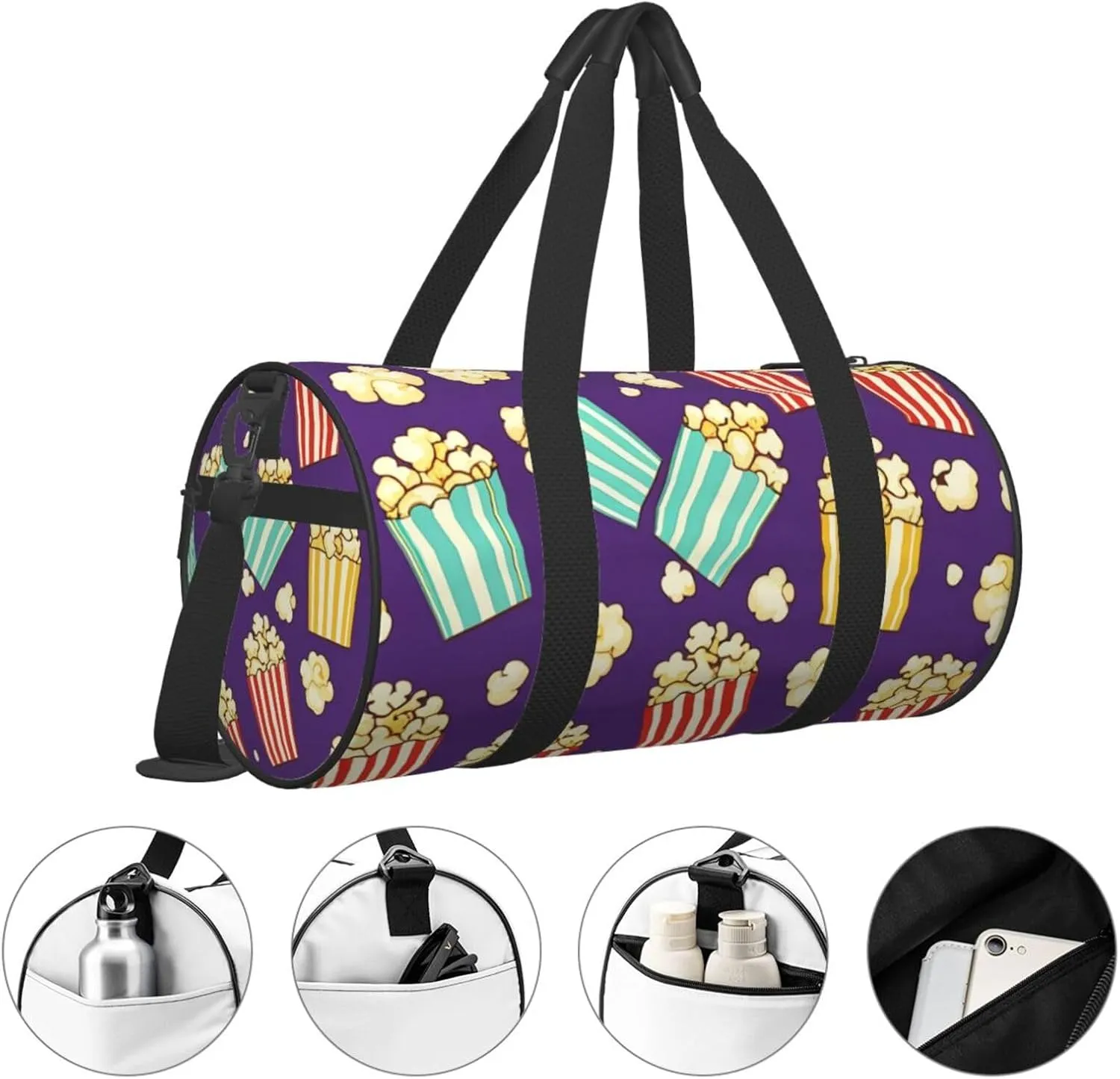 Popcorn Print Printed Travel Bag,Round Personal Item Storage bag,Foldie Duffel Bag for Traveling Vacation,Fitness,Sports