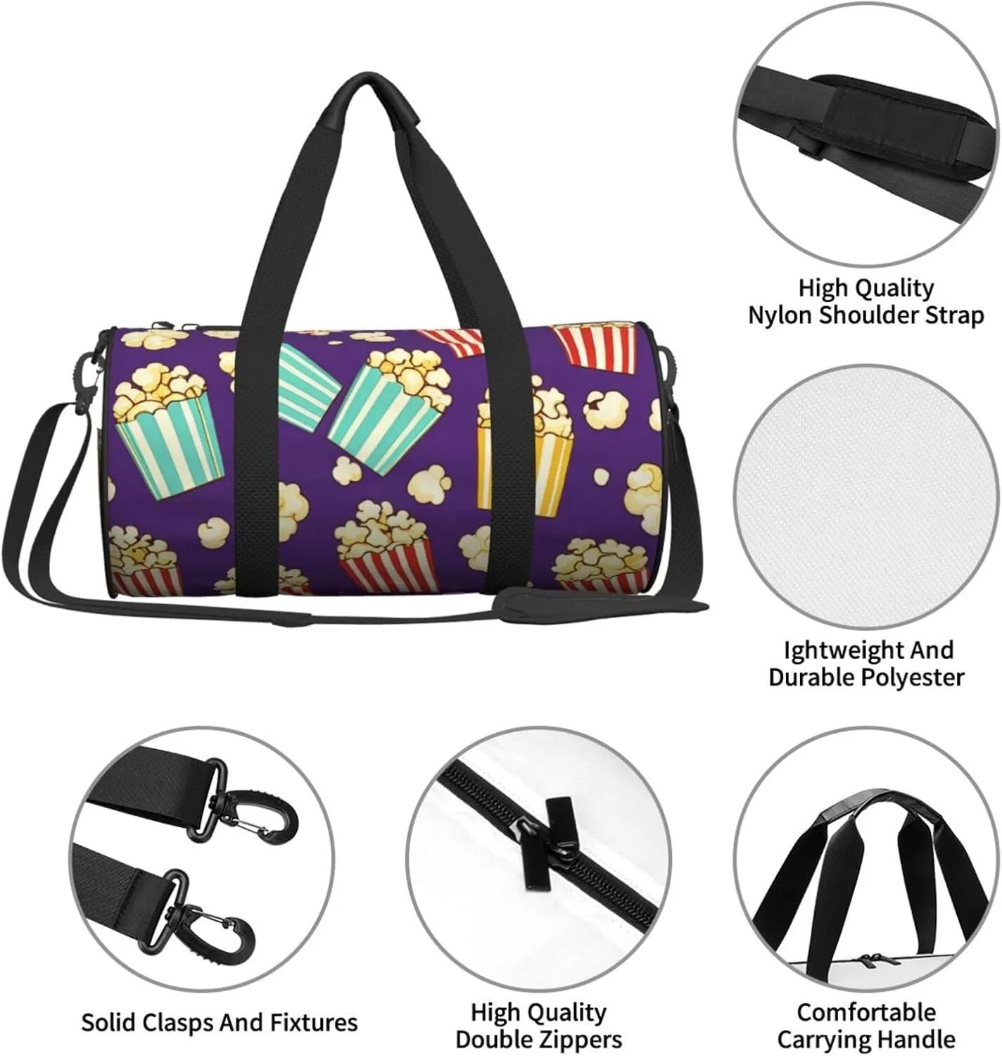 Popcorn Print Printed Travel Bag,Round Personal Item Storage bag,Foldie Duffel Bag for Traveling Vacation,Fitness,Sports
