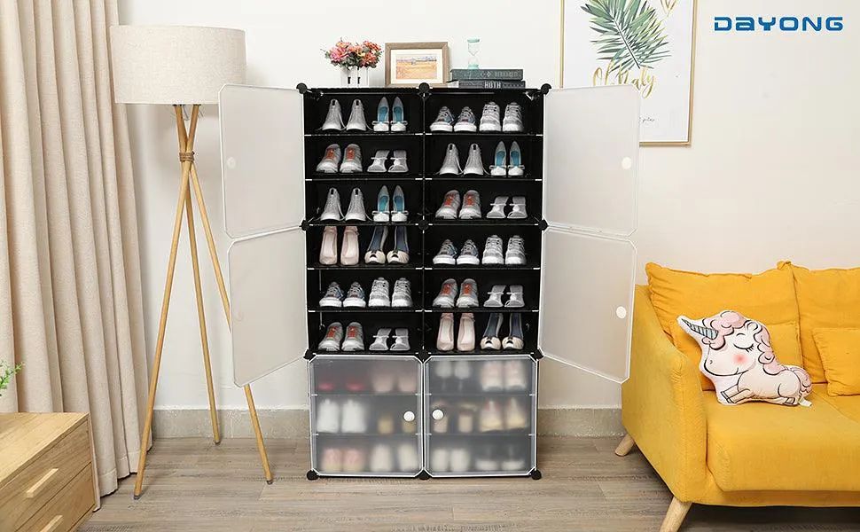 Portable Shoe Rack Organizer Tower – Modular Cube Storage Shoe Cabinet with Translucent Doors