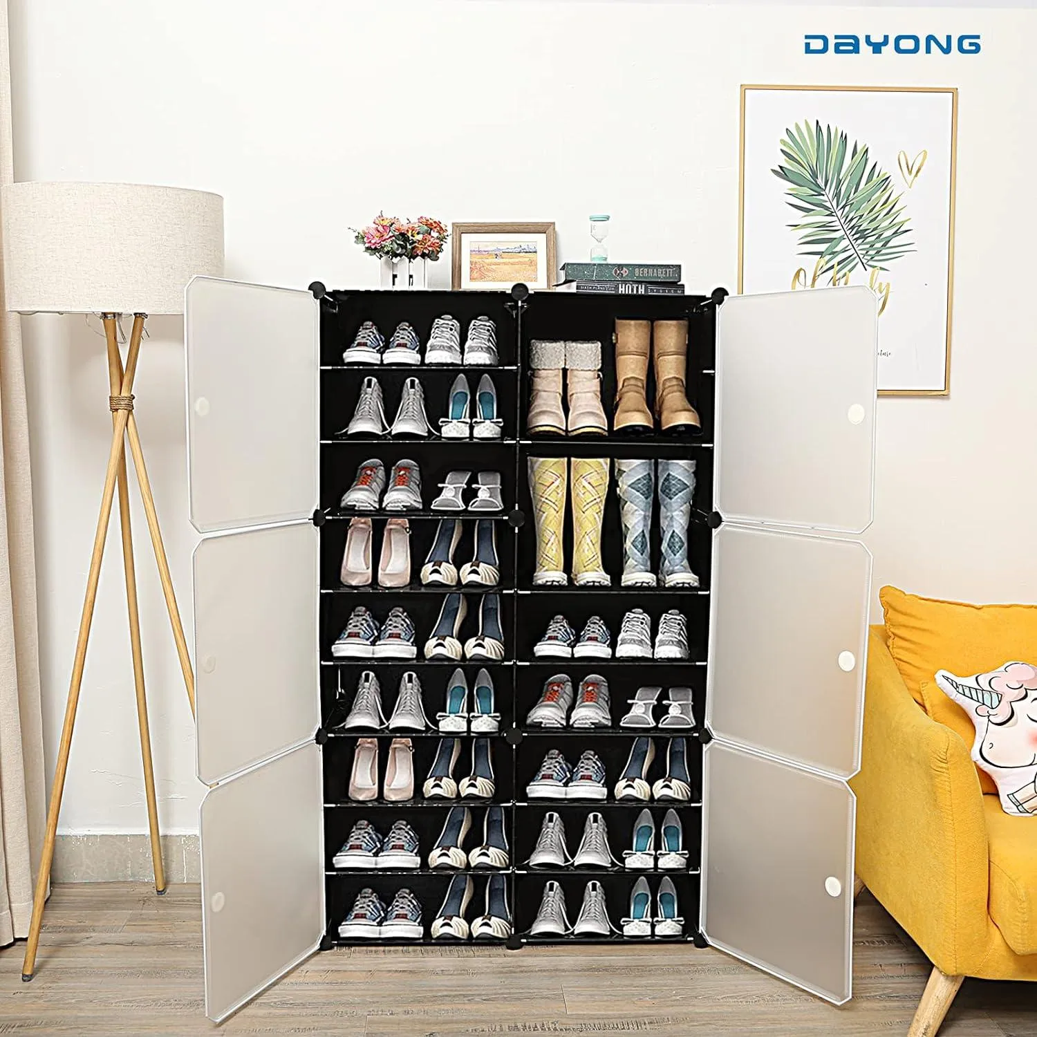 Portable Shoe Rack Organizer Tower – Modular Cube Storage Shoe Cabinet with Translucent Doors