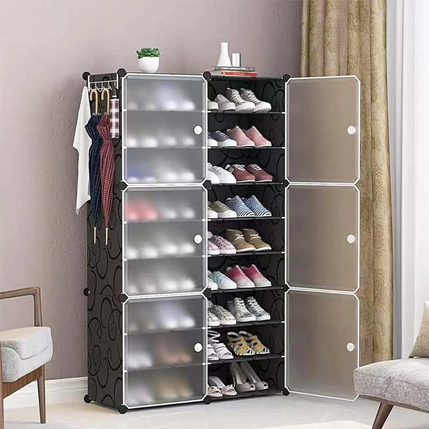 Portable Shoe Rack Organizer Tower – Modular Cube Storage Shoe Cabinet with Translucent Doors