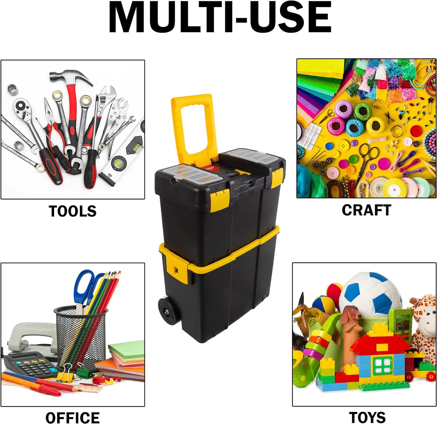 Portable Tool Box with Wheels - Stackable 2-in-1 Tool Chest with Fold-Down Comfort Handles, Tough Latches, and Removable Storage Trays by Stalwart, Black/Yellow