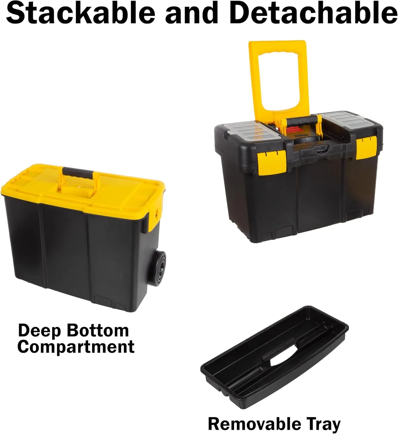 Portable Tool Box with Wheels - Stackable 2-in-1 Tool Chest with Fold-Down Comfort Handles, Tough Latches, and Removable Storage Trays by Stalwart, Black/Yellow