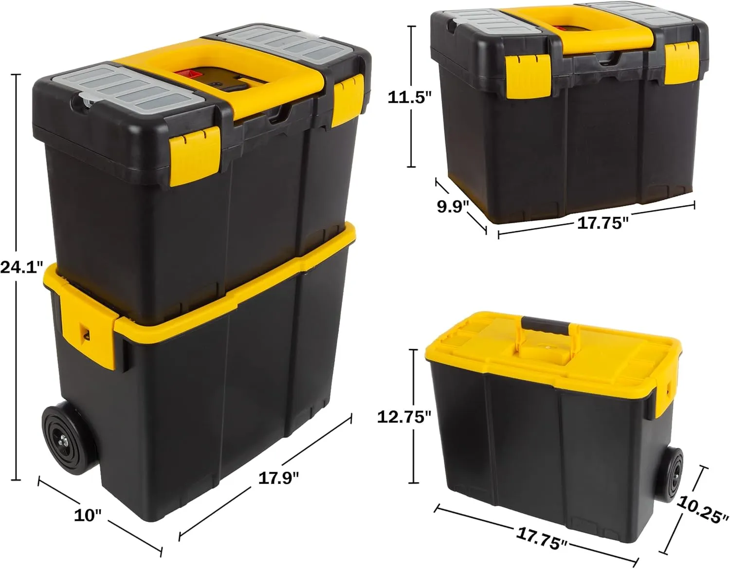Portable Tool Box with Wheels - Stackable 2-in-1 Tool Chest with Fold-Down Comfort Handles, Tough Latches, and Removable Storage Trays by Stalwart, Black/Yellow