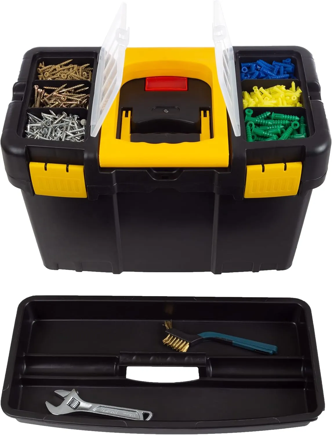 Portable Tool Box with Wheels - Stackable 2-in-1 Tool Chest with Fold-Down Comfort Handles, Tough Latches, and Removable Storage Trays by Stalwart, Black/Yellow