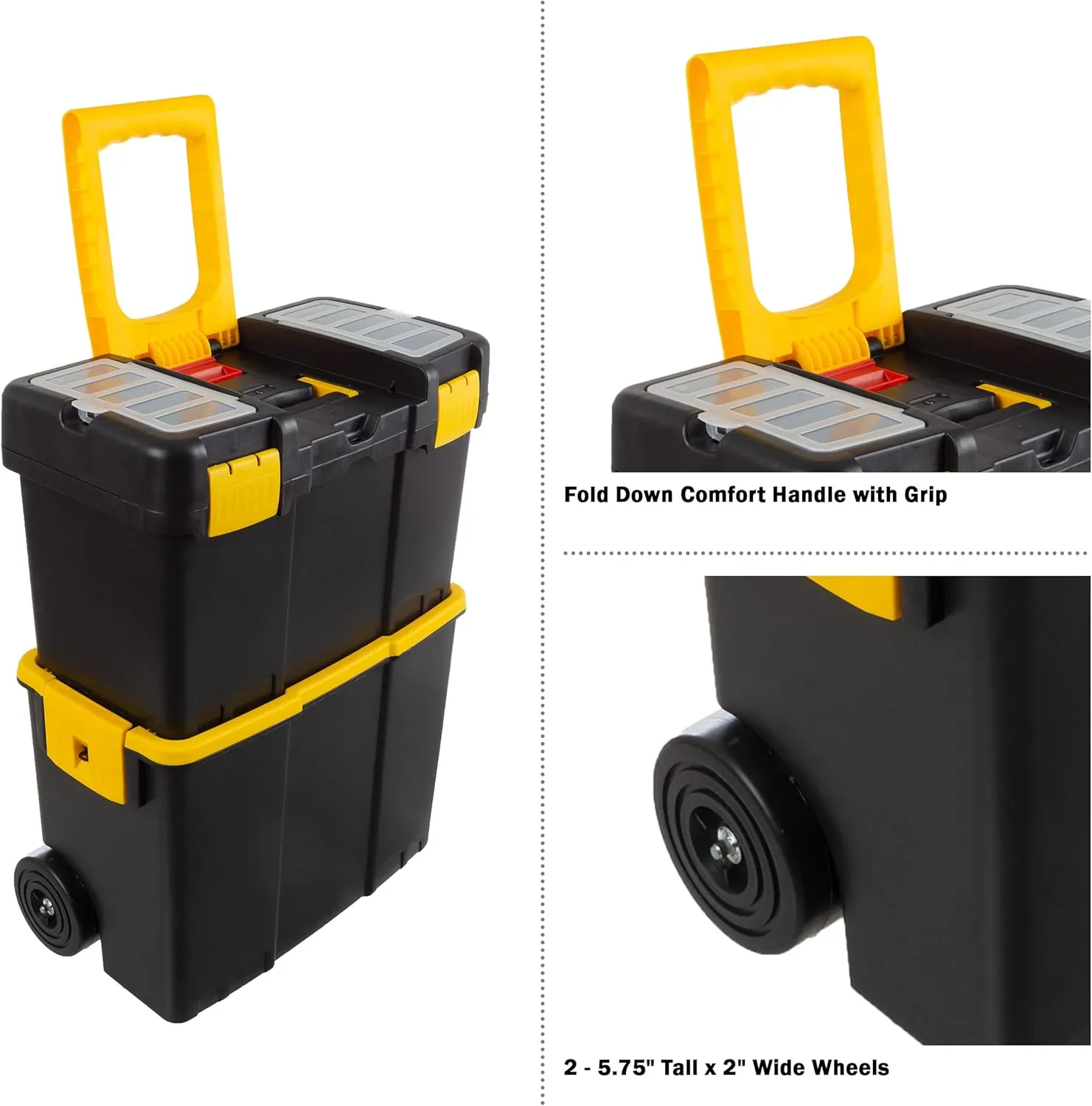 Portable Tool Box with Wheels - Stackable 2-in-1 Tool Chest with Fold-Down Comfort Handles, Tough Latches, and Removable Storage Trays by Stalwart, Black/Yellow