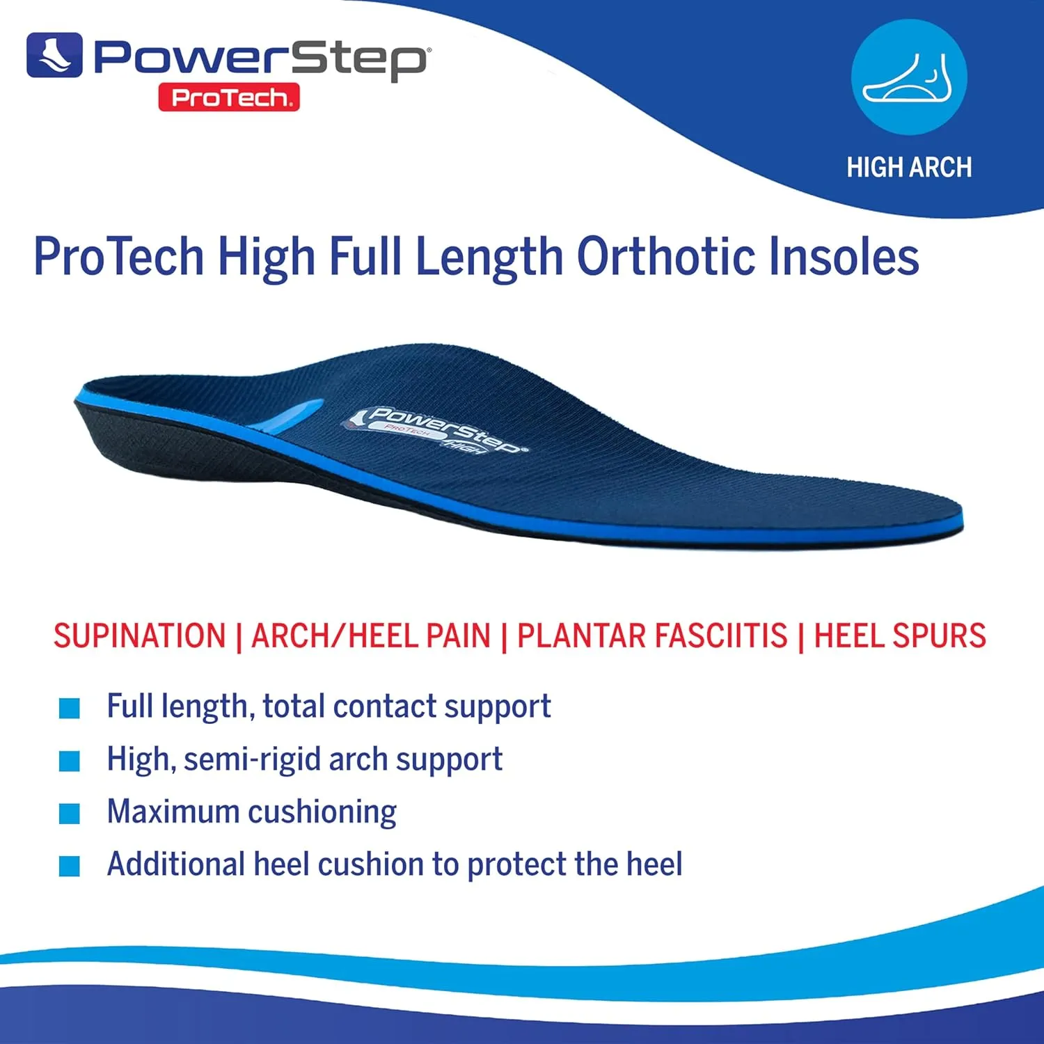 PowerStep ProTech Full Length High Orthotic Insoles - Medical Grade High Arch Support Inserts for Plantar Fasciitis Relief- Made in USA - Maximum Cushioning for Supination (M 7-7.5 W 9-9.5)