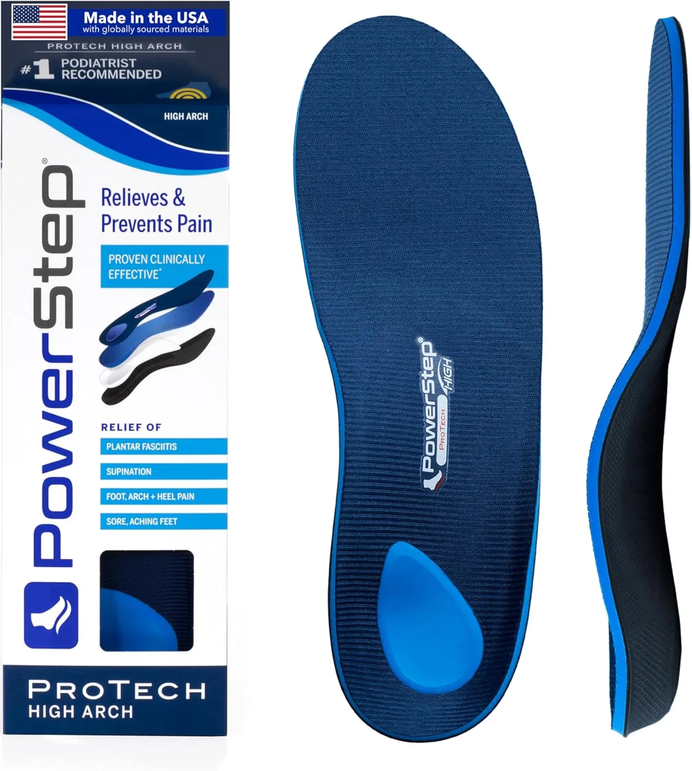 PowerStep ProTech Full Length High Orthotic Insoles - Medical Grade High Arch Support Inserts for Plantar Fasciitis Relief- Made in USA - Maximum Cushioning for Supination (M 7-7.5 W 9-9.5)