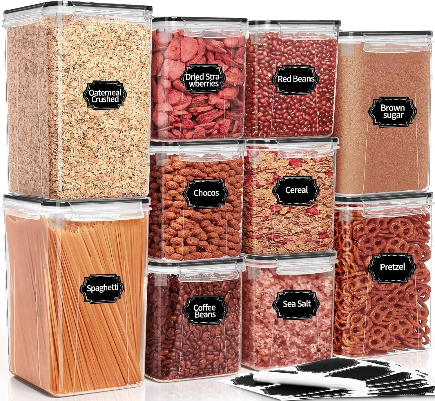 PRAKI Large Airtight Food Storage Containers with Lids, 10PCS Plastic Cereal Storage Containers, Kitchen & Pantry Organizers and Storage for Sugar, Flour, Baking Supplies with Lables & Mark