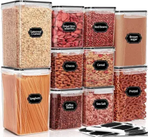 PRAKI Large Airtight Food Storage Containers with Lids, 10PCS Plastic Cereal Storage Containers, Kitchen & Pantry Organizers and Storage for Sugar, Flour, Baking Supplies with Lables & Mark