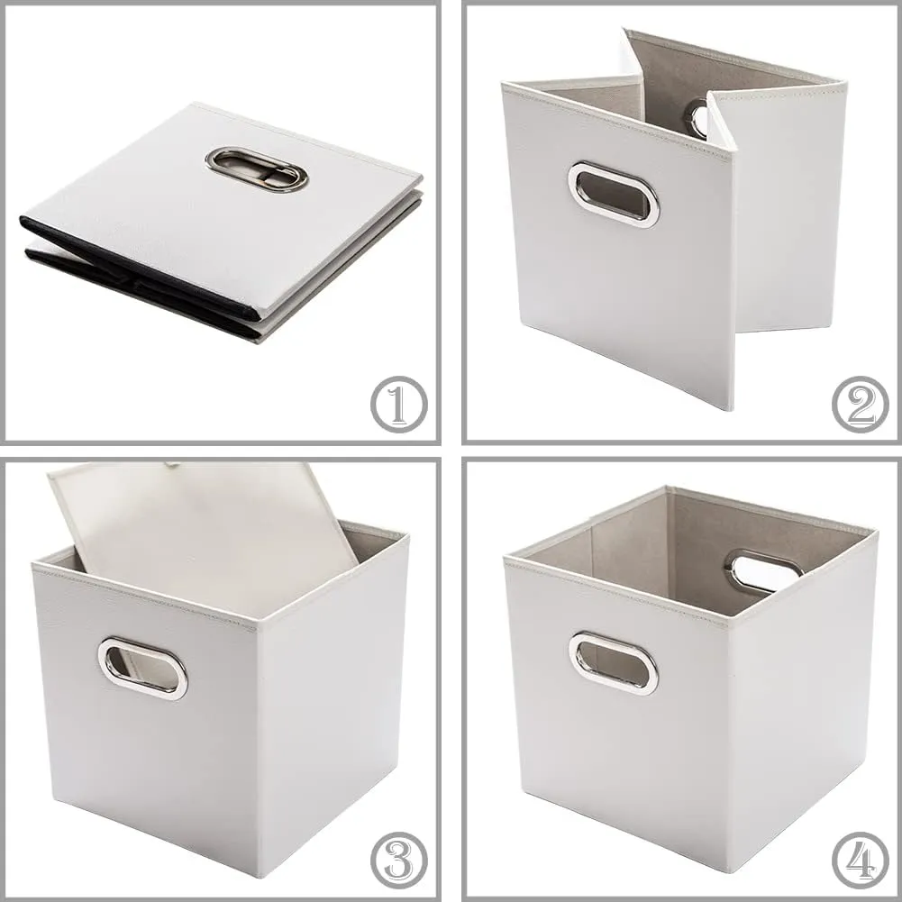 PRANDOM Leather Foldable Cube Storage Bins 13x13 inch [2-Pack] Fabric Storage Baskets Cubes Drawer with Cotton Handles Organizer for Shelves Nursery Closet Bedroom Clothes Cream