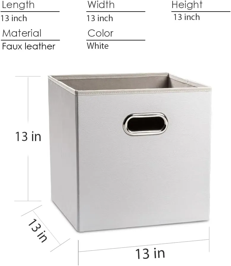 PRANDOM Leather Foldable Cube Storage Bins 13x13 inch [2-Pack] Fabric Storage Baskets Cubes Drawer with Cotton Handles Organizer for Shelves Nursery Closet Bedroom Clothes Cream