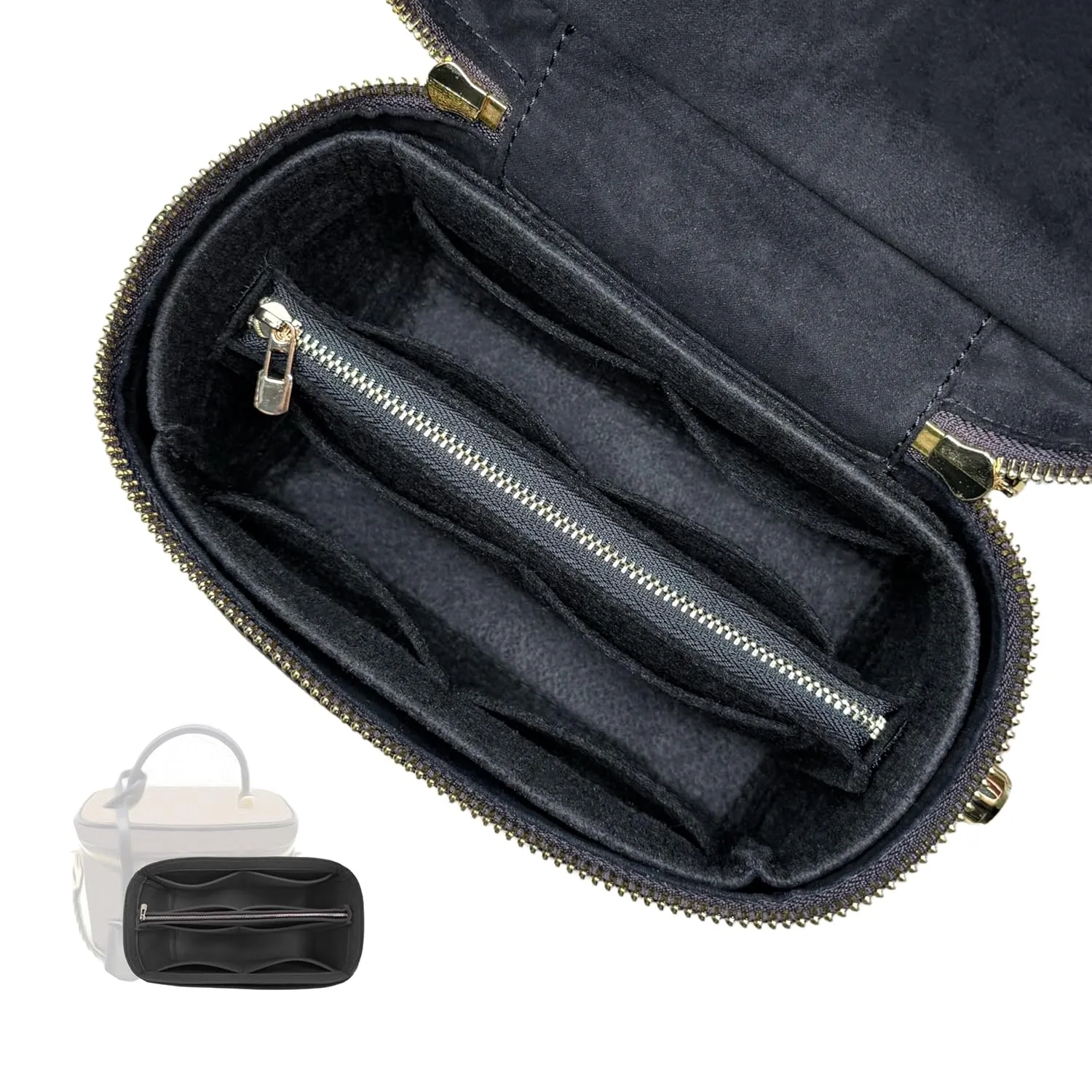 Premium Bag Organizer fits Lv Vanity PM bag organizer, Handmade Liner Protector, BB Nice Mini Makeup Bag Felt Snug Sturdy Fit Gold Zipper Perfect Fit (For Vanity PM, Black)