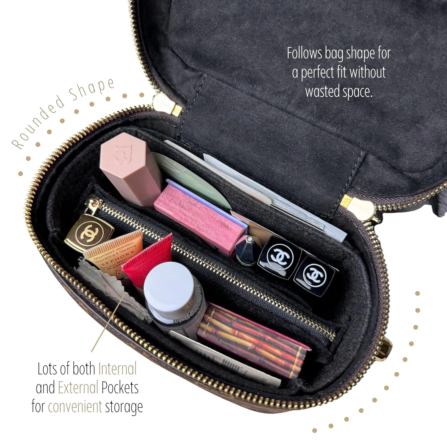 Premium Bag Organizer fits Lv Vanity PM bag organizer, Handmade Liner Protector, BB Nice Mini Makeup Bag Felt Snug Sturdy Fit Gold Zipper Perfect Fit (For Vanity PM, Black)