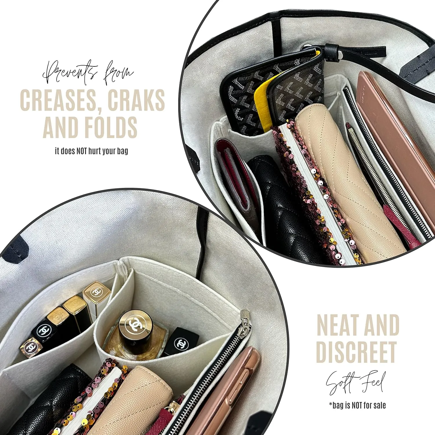 Premium Bag Organizer fits St louis GM Bag Organizer and St Louis PM Tote Bag Insert, Handmade 2mm Wool Double Layered Base Felt, Snug Sturdy Fit with Silver Zipper (For St Louis GM, Beige)