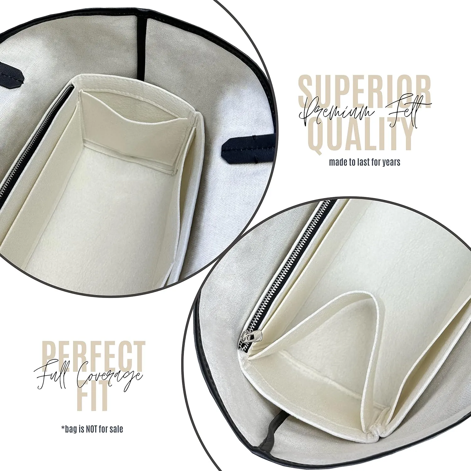 Premium Bag Organizer fits St louis GM Bag Organizer and St Louis PM Tote Bag Insert, Handmade 2mm Wool Double Layered Base Felt, Snug Sturdy Fit with Silver Zipper (For St Louis GM, Beige)