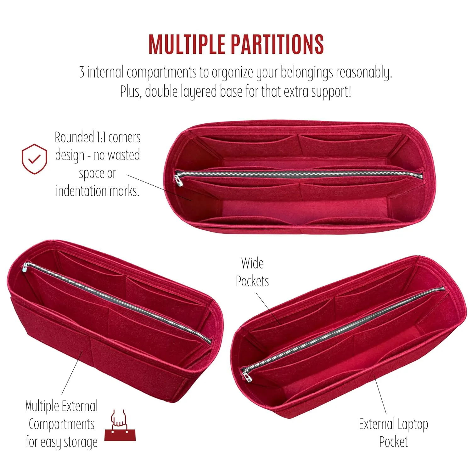Premium Organizer fits Artois MM Bag Organizer, Artois PM Bag Organizer, Tote Bag Artois MM Insert, Handmade 2mm Wool Premium Felt Snug Sturdy Silver Zipper (For Artois PM, Red)