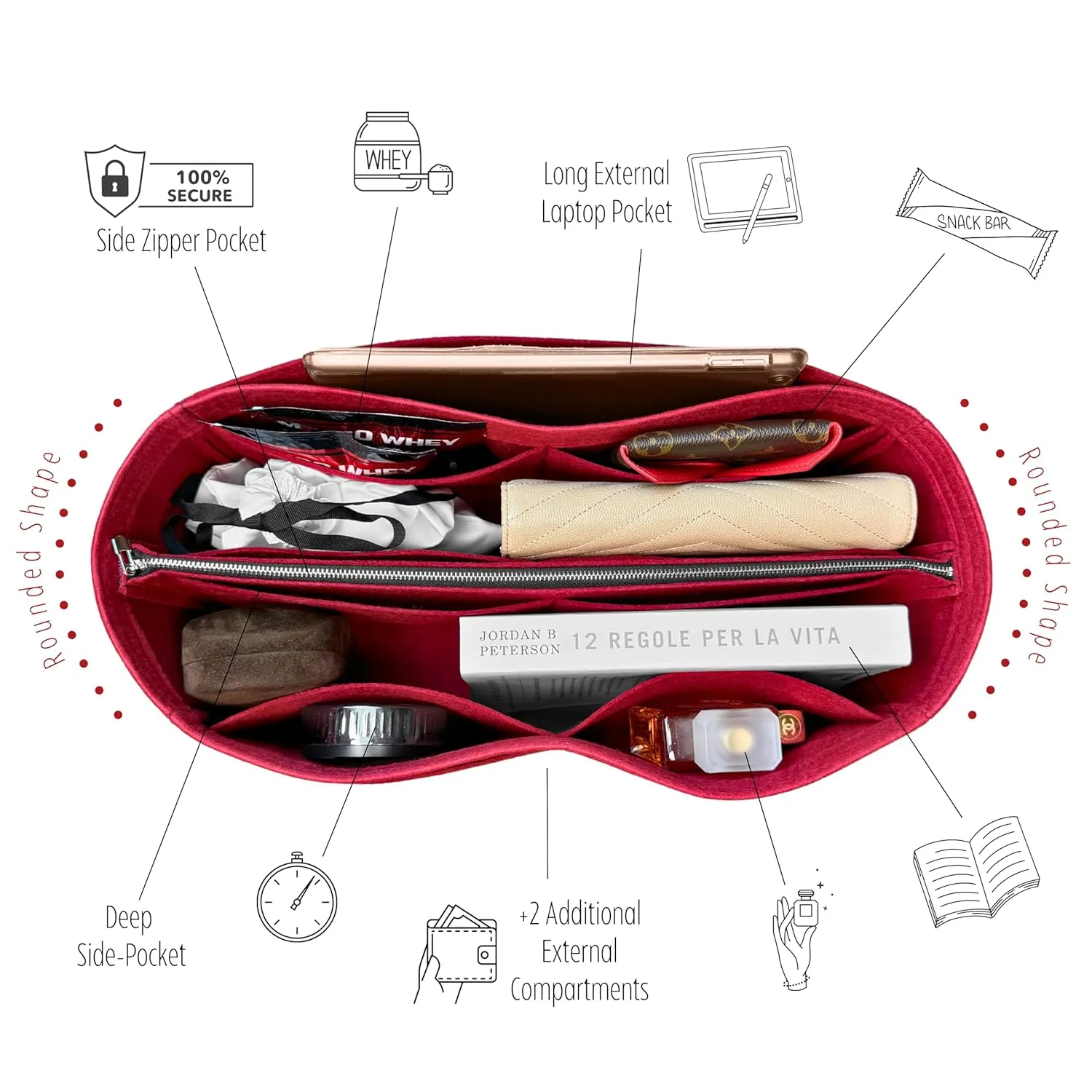 Premium Organizer fits Artois MM Bag Organizer, Artois PM Bag Organizer, Tote Bag Artois MM Insert, Handmade 2mm Wool Premium Felt Snug Sturdy Silver Zipper (For Artois PM, Red)
