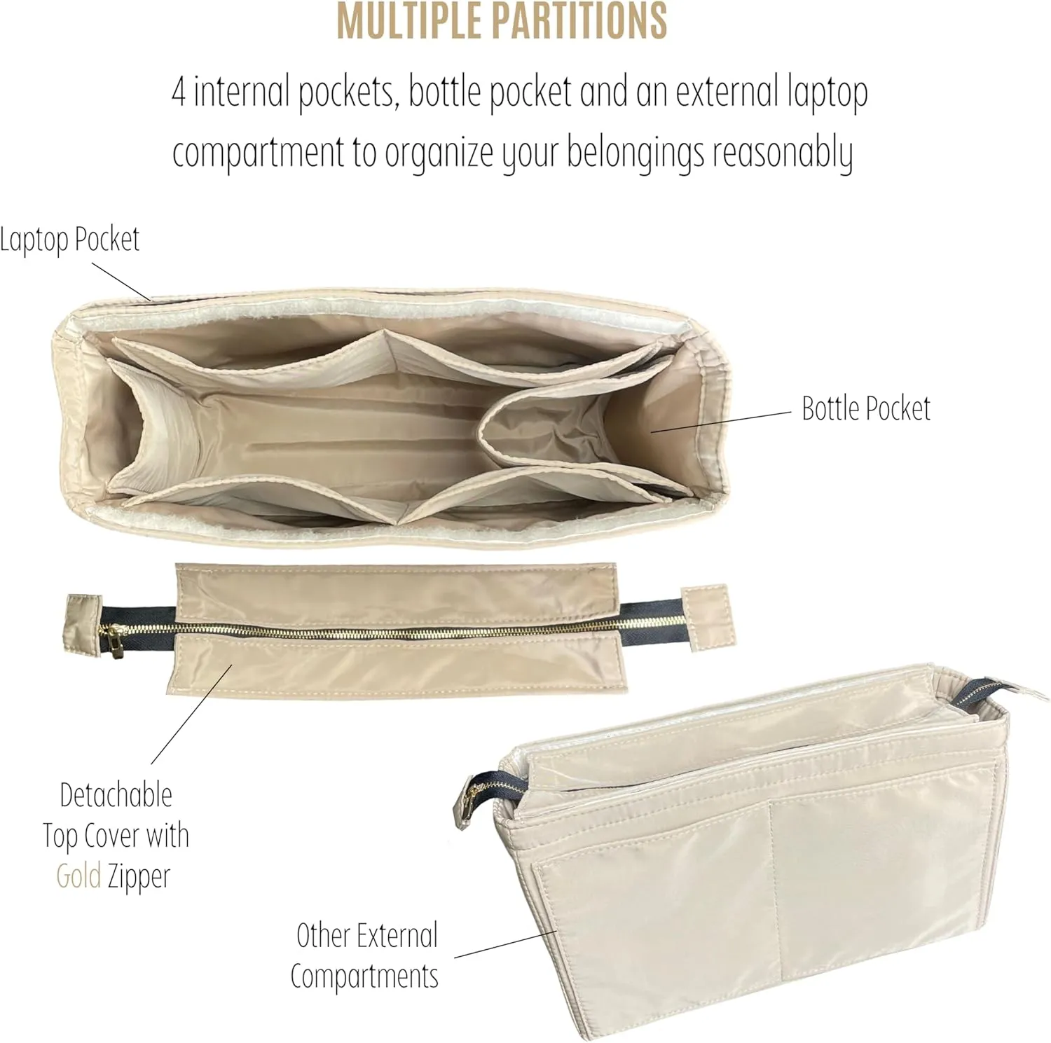 Premium Purse Organizer compatible with Chloe Woody Tote Insert, Handmade Waterproof Nylon Insert fits Small/Medium/Large Tote, Perfect Fit (Camel, For Medium Woody)
