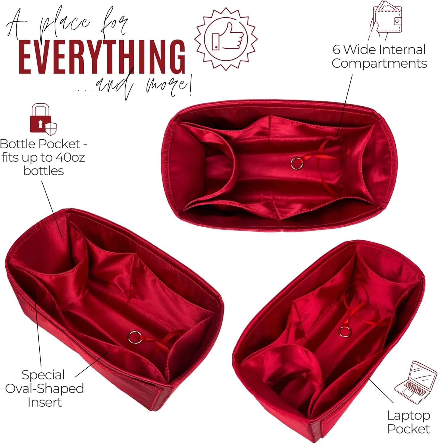 Premium Purse Organizer compatible with Lv Slouchy PM/MM Insert - Handmade Soft Silk Liner, Perfect fit for Hobo PM/MM Bag Organizer Gold Zipper (Red, For Slouchy MM)