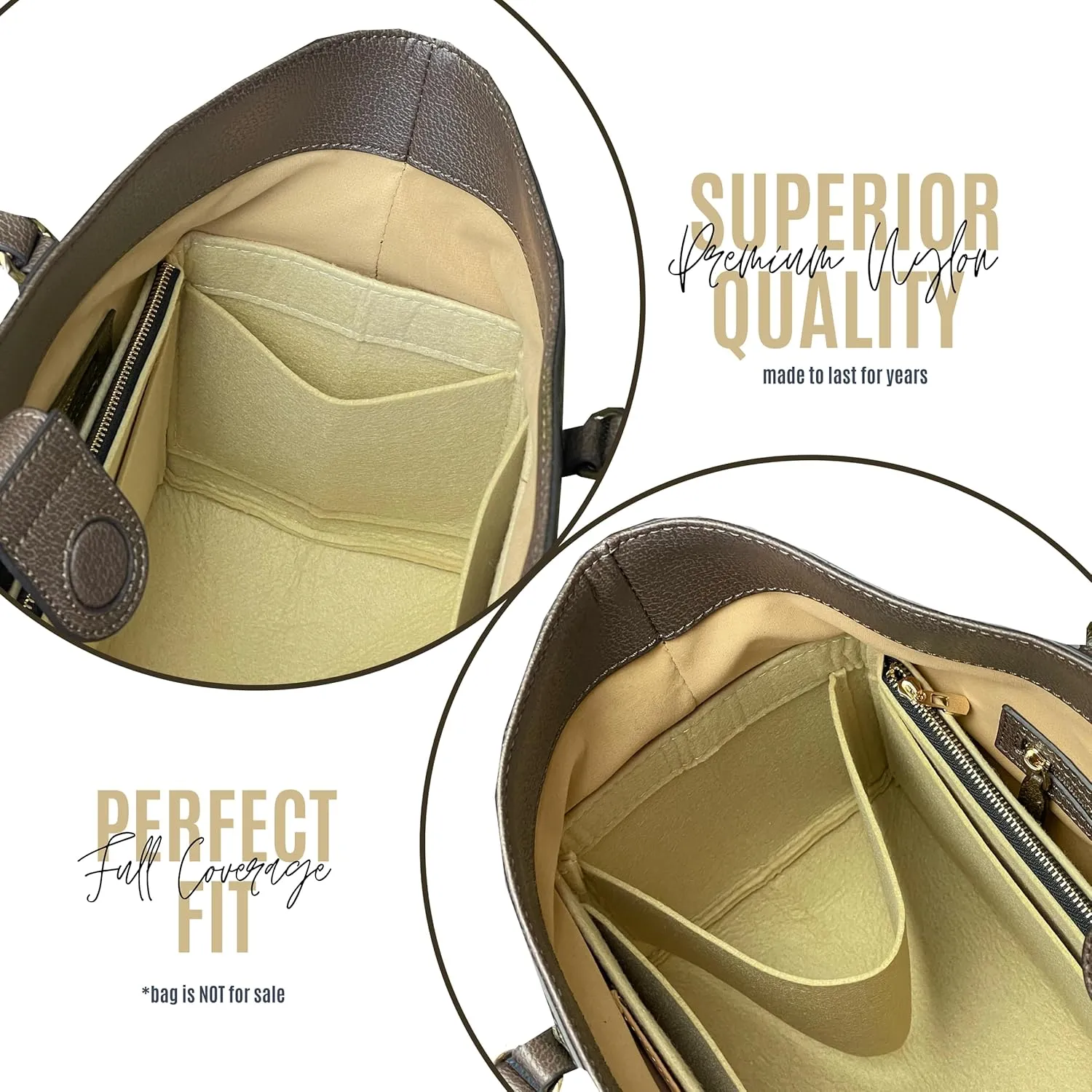 Premium Purse Organizer fits Ophidia Medium Tote Bag Organizer, for Ophidia Large Tote Bag Organizer, Handmade 2mm Thick Felt Snug Sturdy Gold Zipper (For Ophidia Medium Tote, Cream)