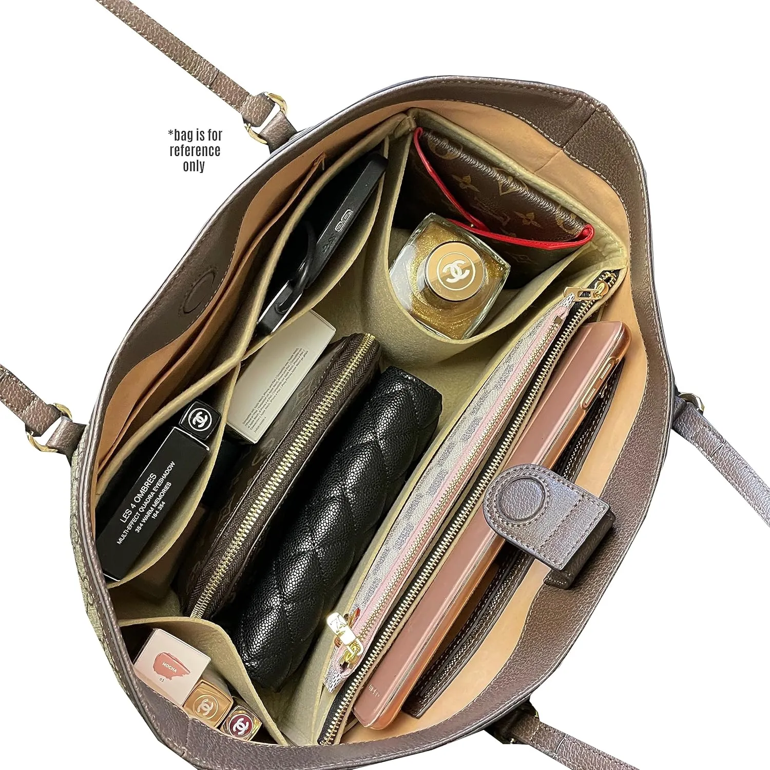 Premium Purse Organizer fits Ophidia Medium Tote Bag Organizer, for Ophidia Large Tote Bag Organizer, Handmade 2mm Thick Felt Snug Sturdy Gold Zipper (For Ophidia Medium Tote, Cream)