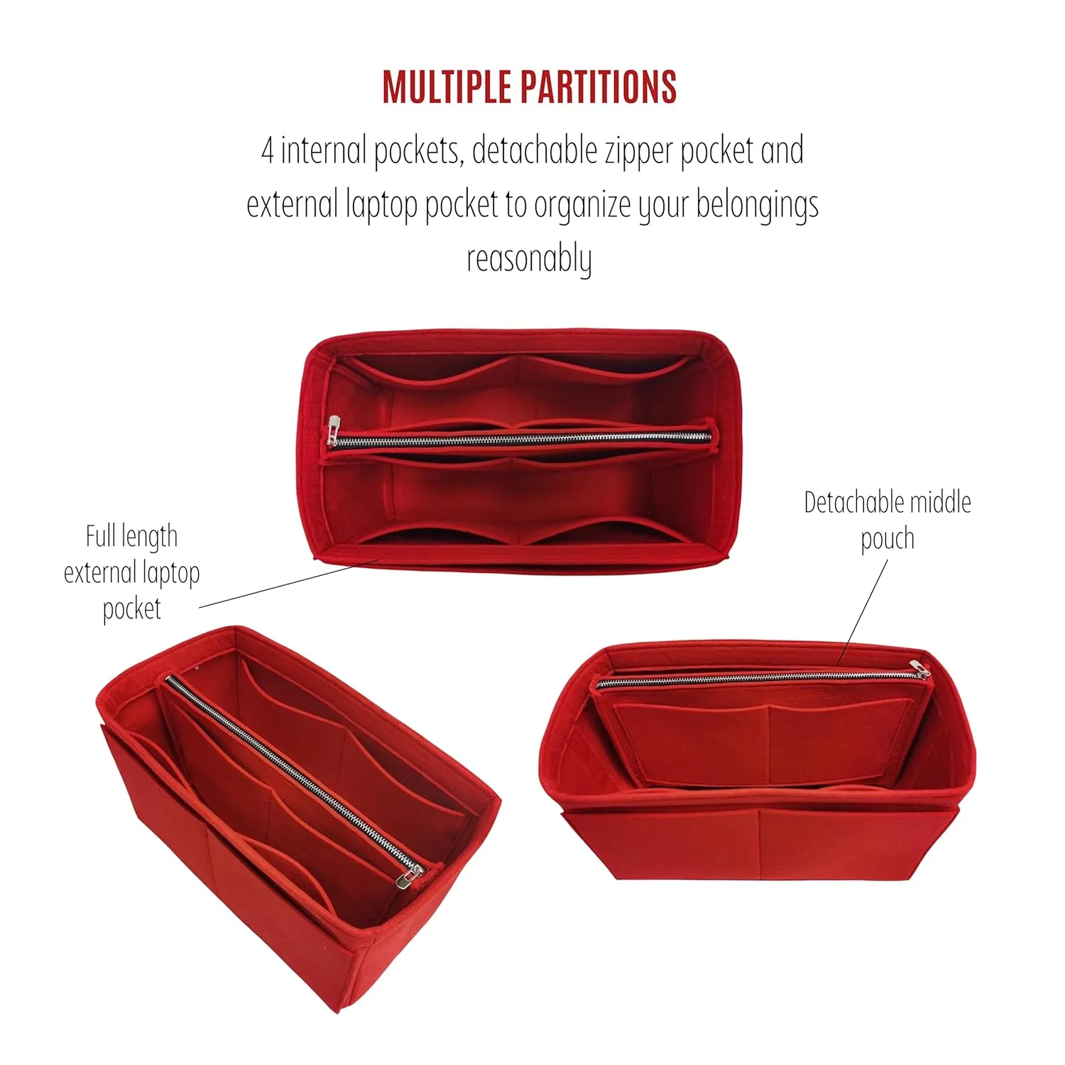 Premium Purse Organizer for Mini Anjou Bag Organizer Insert, fits Anjou PM Organizer, Anjou GM Insert, Handmade 2mm Thick Oval Shaped Felt Snug Sturdy Silver Zipper (For Anjou Mini, Scarlet)