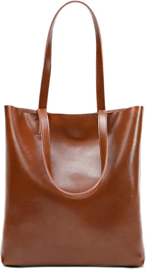 Premium Vintage Waxed Cowhide Vertical Shoulder Tote Bag - Spacious Genuine Leather High-end Handbag