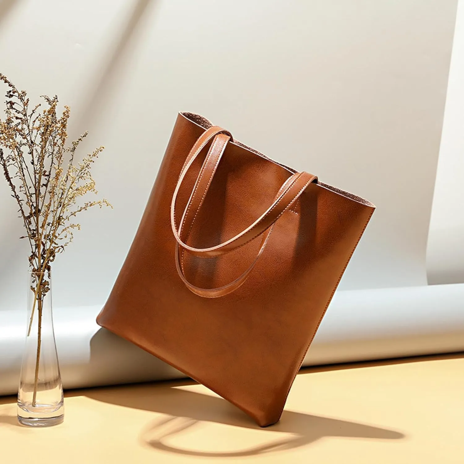 Premium Vintage Waxed Cowhide Vertical Shoulder Tote Bag - Spacious Genuine Leather High-end Handbag