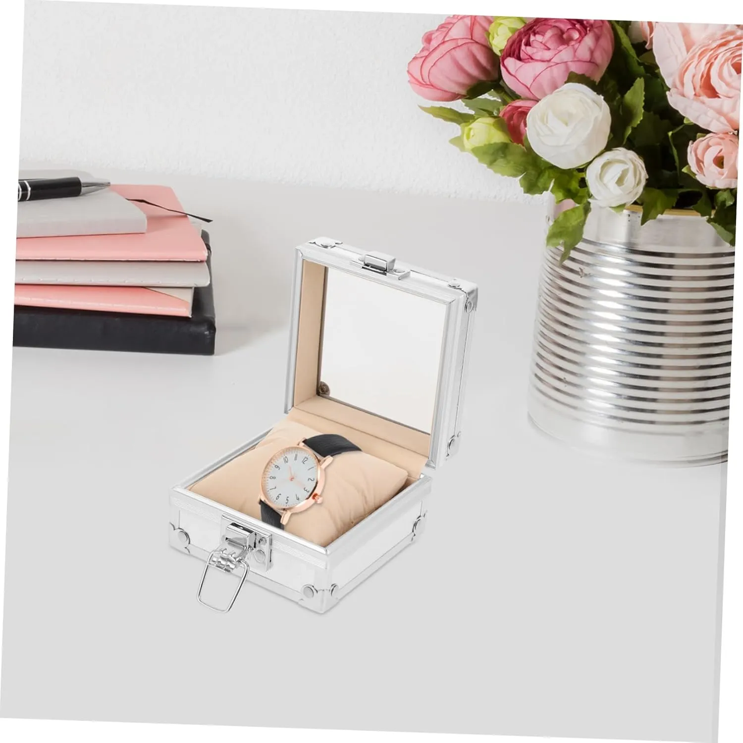 PRETYZOOM Watch Box Transparent Lid Fashion Packaging Watch Case Watch Organizer for Desk Single Watch Holder Watch Jewelry Organizer Watch Storage Case Silver Stainless Steel