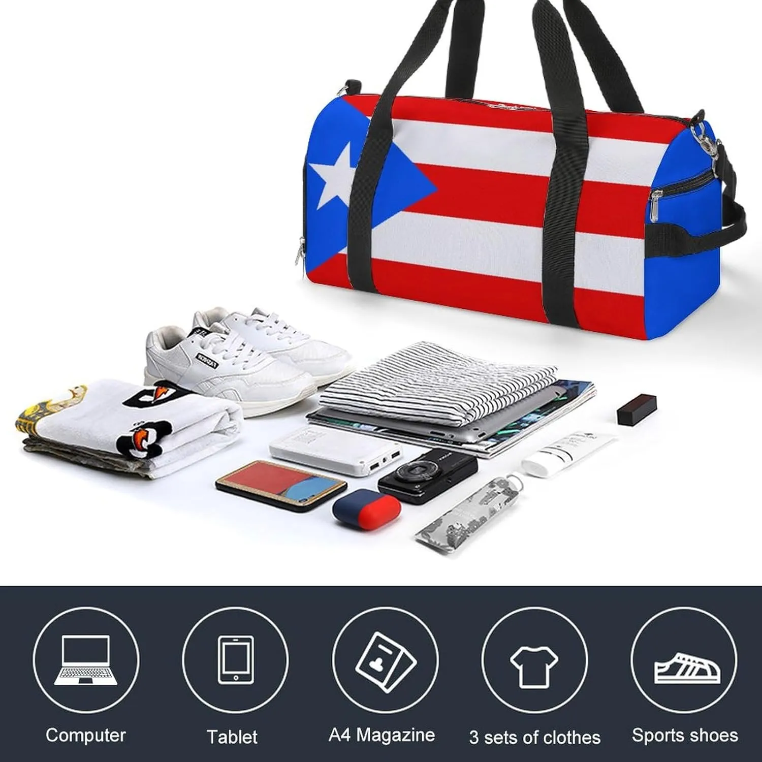 Puerto Rico Flag Duffel Bag for Men Women Waterproof with Shoe Compartment