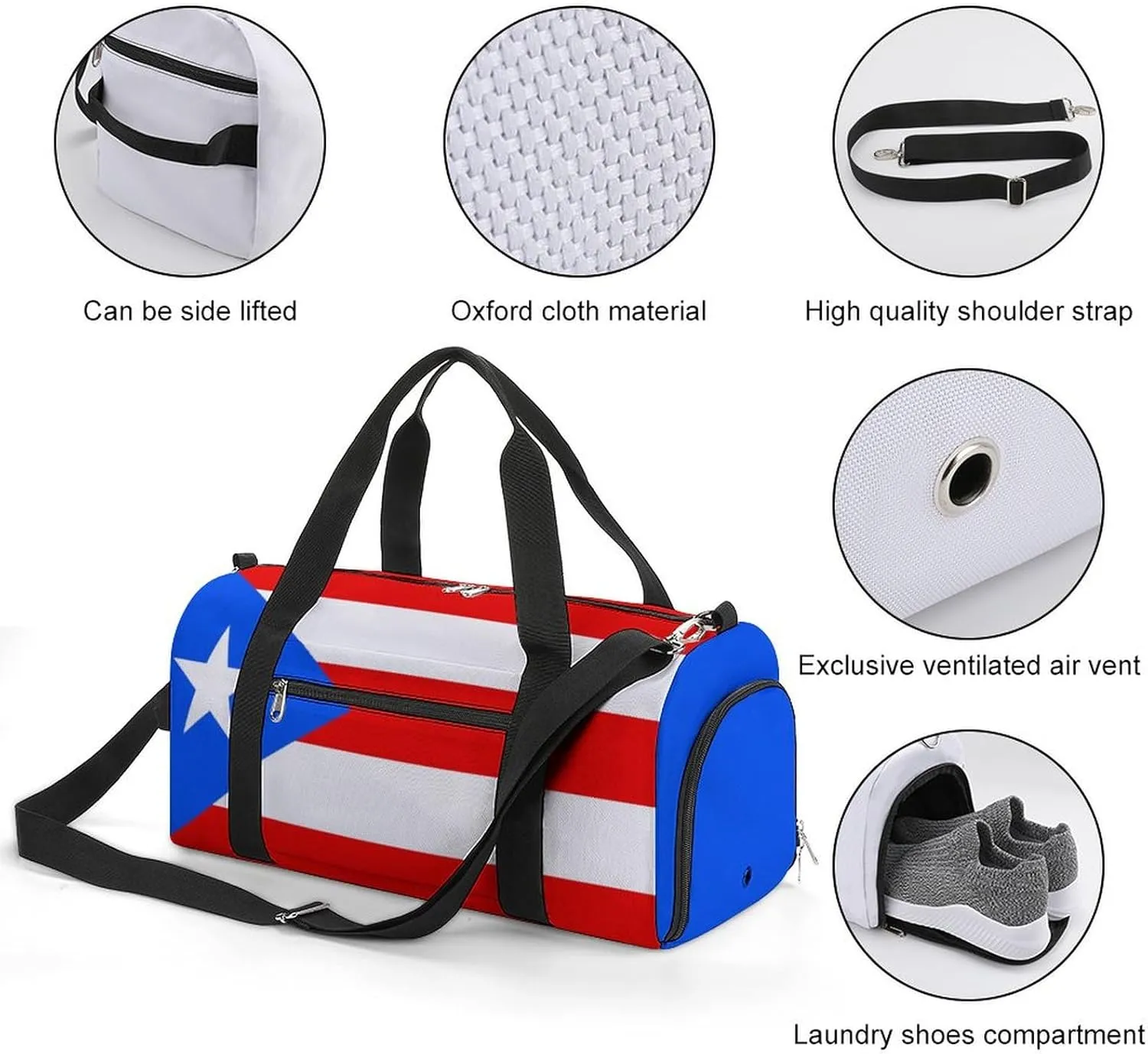 Puerto Rico Flag Duffel Bag for Men Women Waterproof with Shoe Compartment