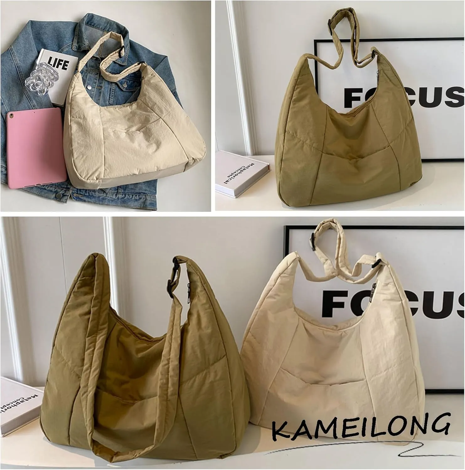 Puffer Crescent Shoulder Bag Women Nylon Light Weight Crossbody Purse Large Hobo Bag Puffy Tote Bag Handbag