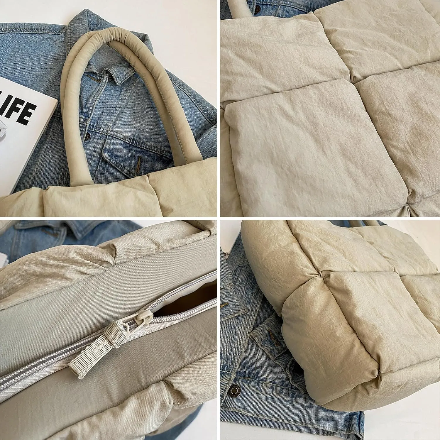 Puffer Tote Bag, Lightweight Down Cotton Padded Quilted Purse Puffy Tote Bag Shoulder Handbags for Women