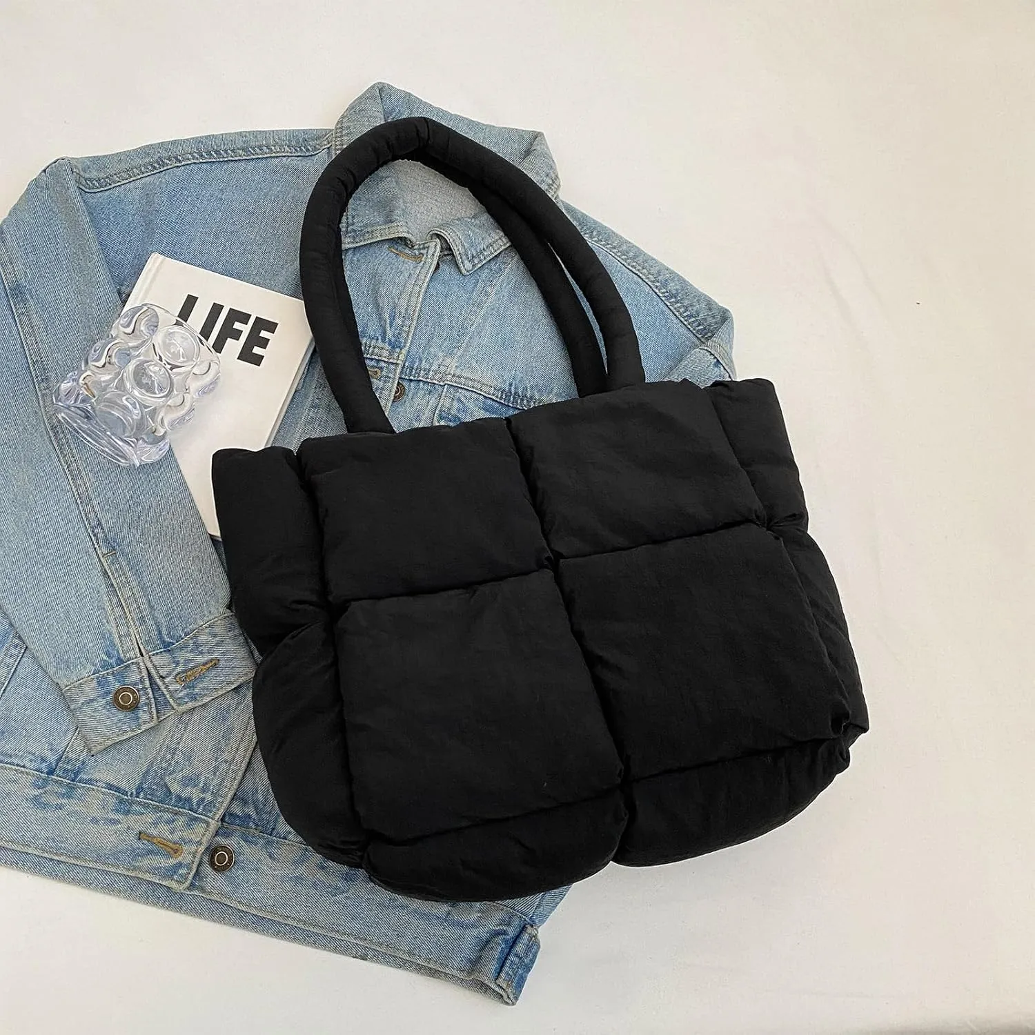 Puffer Tote Bag, Lightweight Down Cotton Padded Quilted Purse Puffy Tote Bag Shoulder Handbags for Women