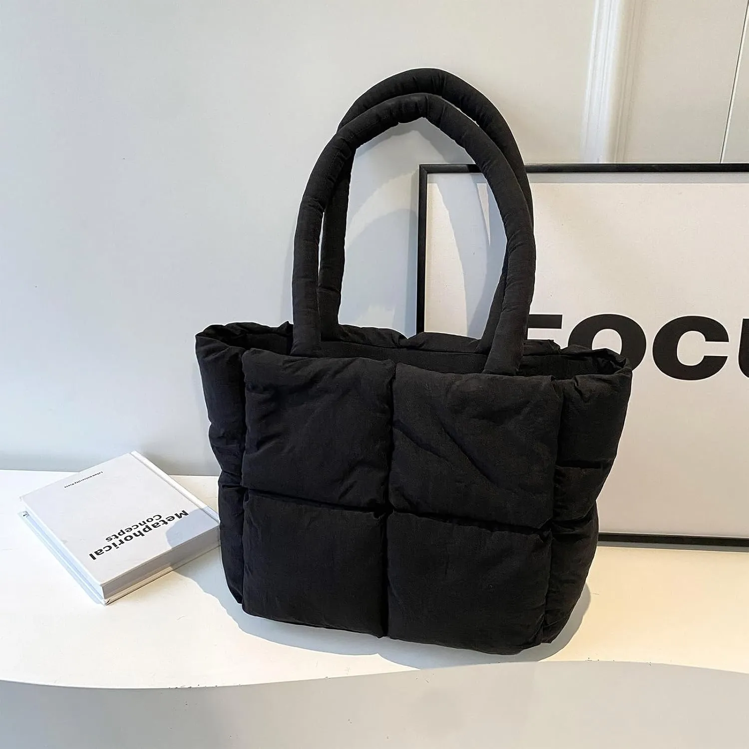 Puffer Tote Bag, Lightweight Down Cotton Padded Quilted Purse Puffy Tote Bag Shoulder Handbags for Women