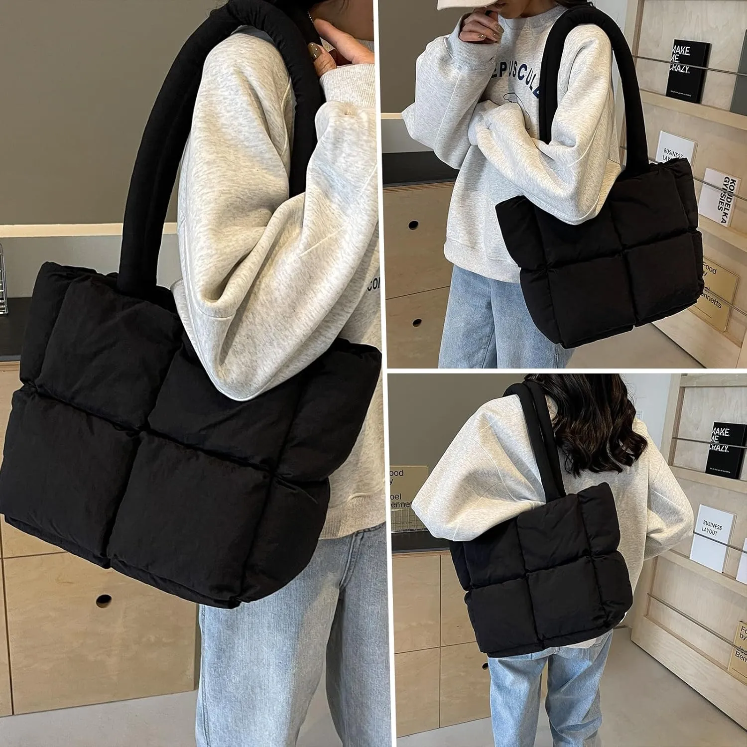Puffer Tote Bag, Lightweight Down Cotton Padded Quilted Purse Puffy Tote Bag Shoulder Handbags for Women