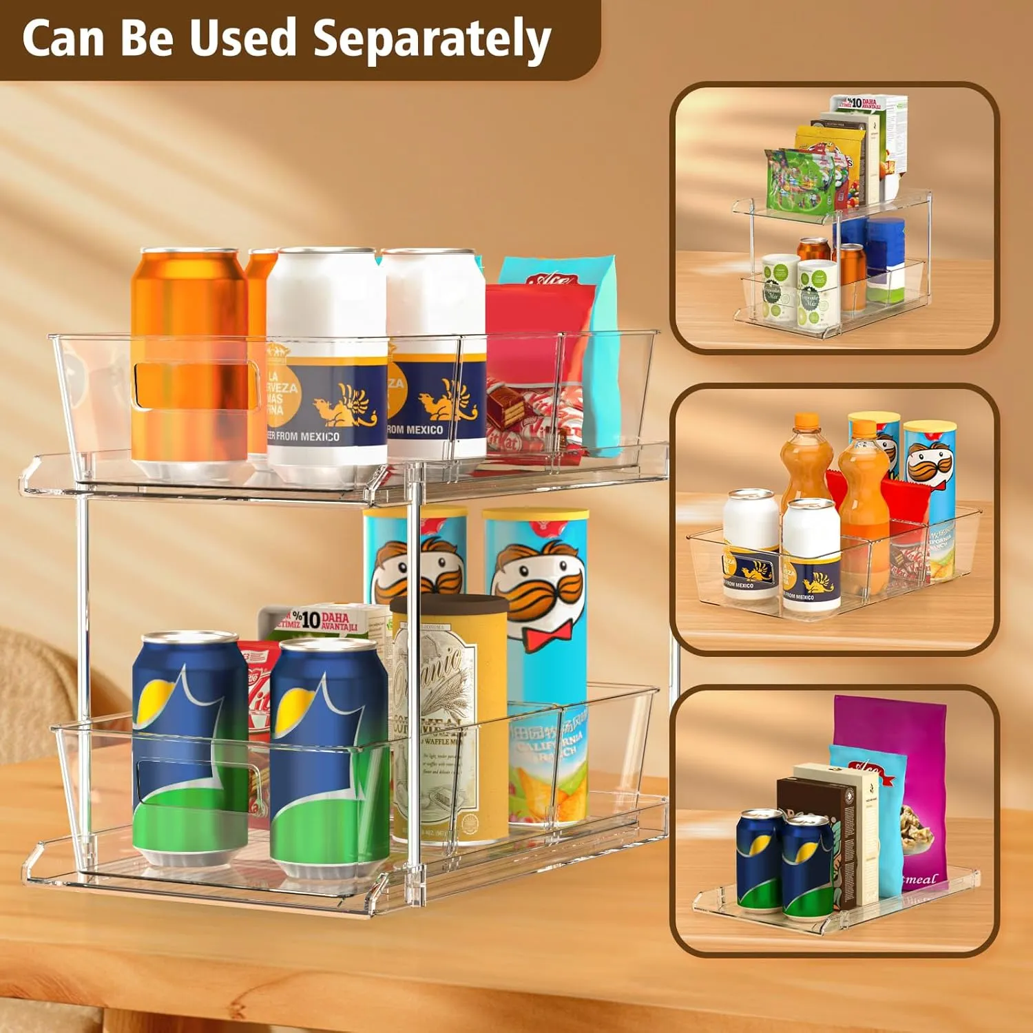 Pull-out Home Organizer, 2 Pack 2 Tier Clear Bathroom Organizer with Dividers, Multipurpose Vanity Counter Tray, Kitchen, Closet Organizers, Cabinet & Storage Container Bins