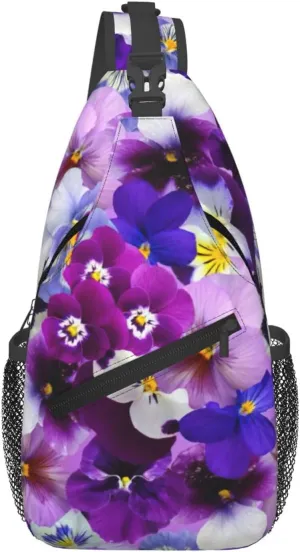 Purple Flower Print Sling Bag Crossbody Backpack For Women Men Hiking Travel Over The Shoulder Multipurpose Bag