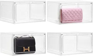 Purse Organizer For Closet 4 Pack Stackable Storage Bins With Lids Clear Plastic Handbag Organizer Purse Storage With Magnetic Door Display Case For Cosmetic Hats