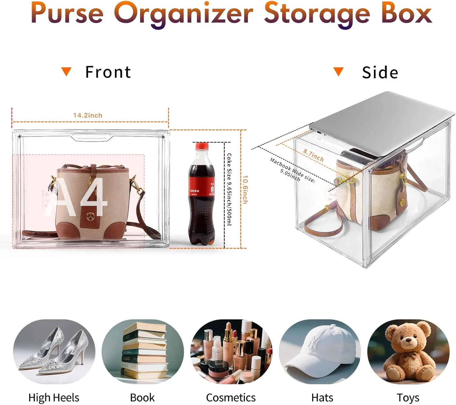 Purse Organizer for Closet, 5Pack Stackable Storage Bins, Clear Acrylic Display Case with Magnetic Lid, Closet Organizers and Storage for Handbag Organzier, Heels, Collectibles
