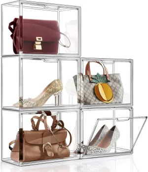 Purse Organizer for Closet, 5Pack Stackable Storage Bins, Clear Acrylic Display Case with Magnetic Lid, Closet Organizers and Storage for Handbag Organzier, Heels, Collectibles