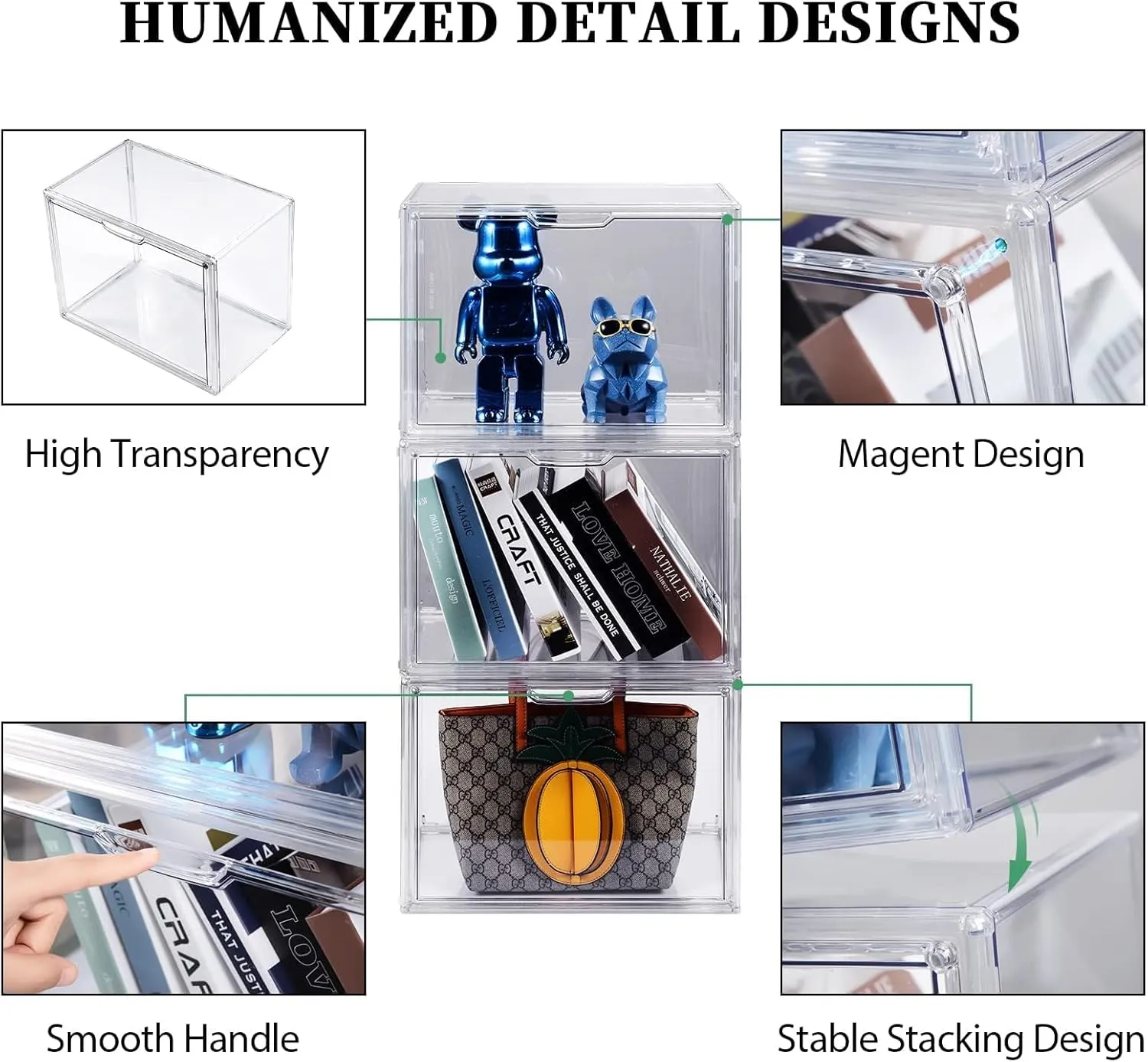 Purse Organizer for Closet, 5Pack Stackable Storage Bins, Clear Acrylic Display Case with Magnetic Lid, Closet Organizers and Storage for Handbag Organzier, Heels, Collectibles