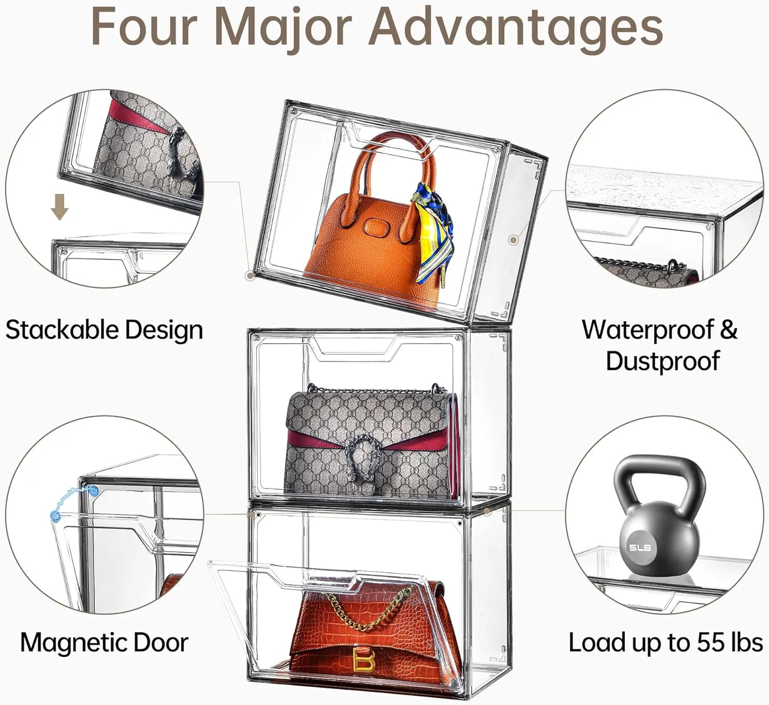 Purse Organizer for Closet,Clear Acrylic Display Case for Handbag Organizer, Purse Storage Box with Magnetic Door, Dustproof Storage Bins for Book, Collectibles, Cosmetic (Grey, 5)
