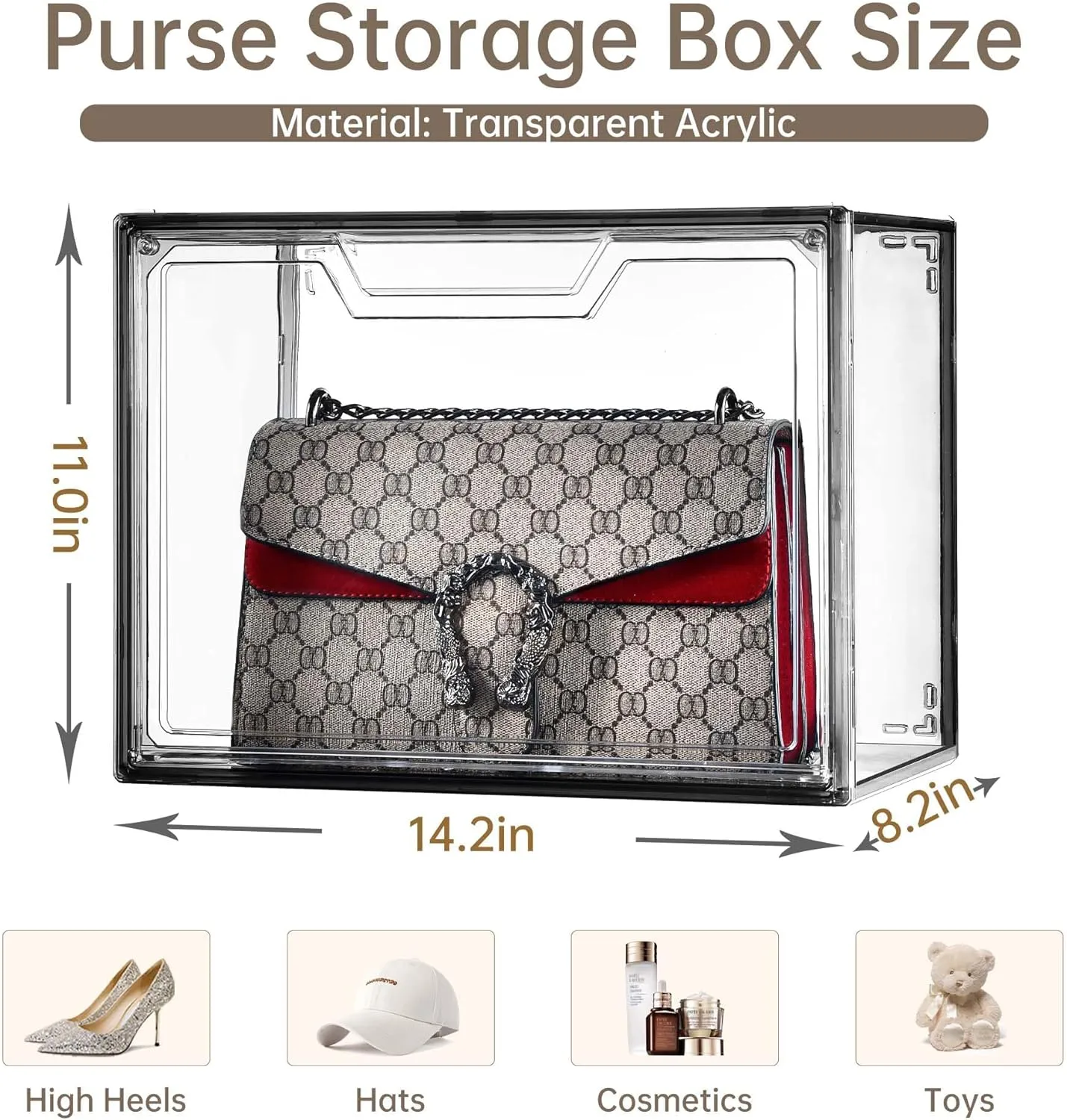 Purse Organizer for Closet,Clear Acrylic Display Case for Handbag Organizer, Purse Storage Box with Magnetic Door, Dustproof Storage Bins for Book, Collectibles, Cosmetic (Grey, 5)