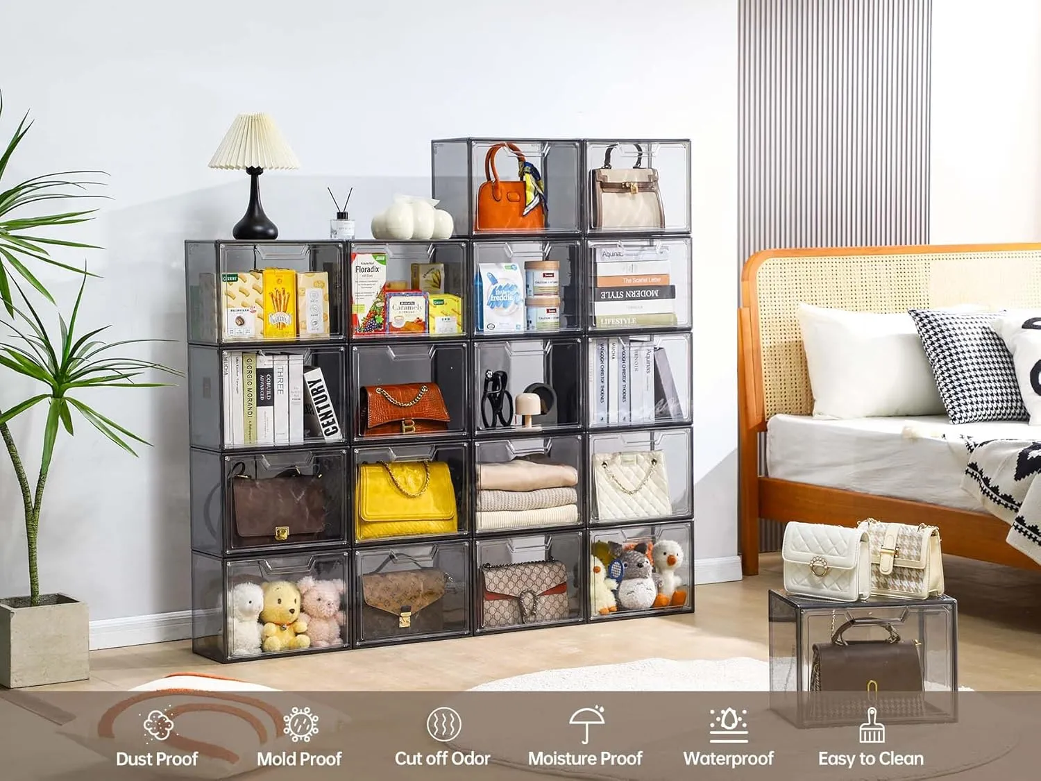 Purse Organizer for Closet,Clear Acrylic Display Case for Handbag Organizer, Purse Storage Box with Magnetic Door, Dustproof Storage Bins for Book, Collectibles, Cosmetic (Grey, 5)